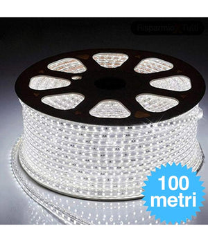 Striscia Led 5050 Flessibile Bobina 100mt Luce Bianco Freddo Esterno 220v         