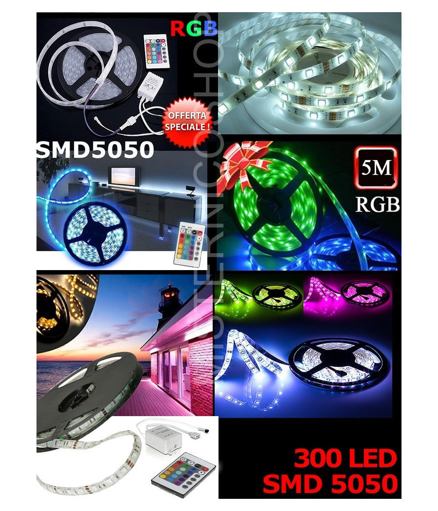 Striscia Led Colorata Rgb 5m Smd5050 Impermeabile Con Alimentatore E Telecomando         
