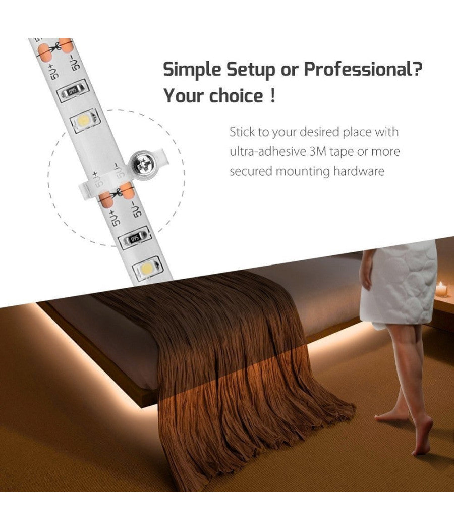 Striscia Led Con Sensore Di Movimento Luce Bianca 6000k 1mt Armadi Letto         