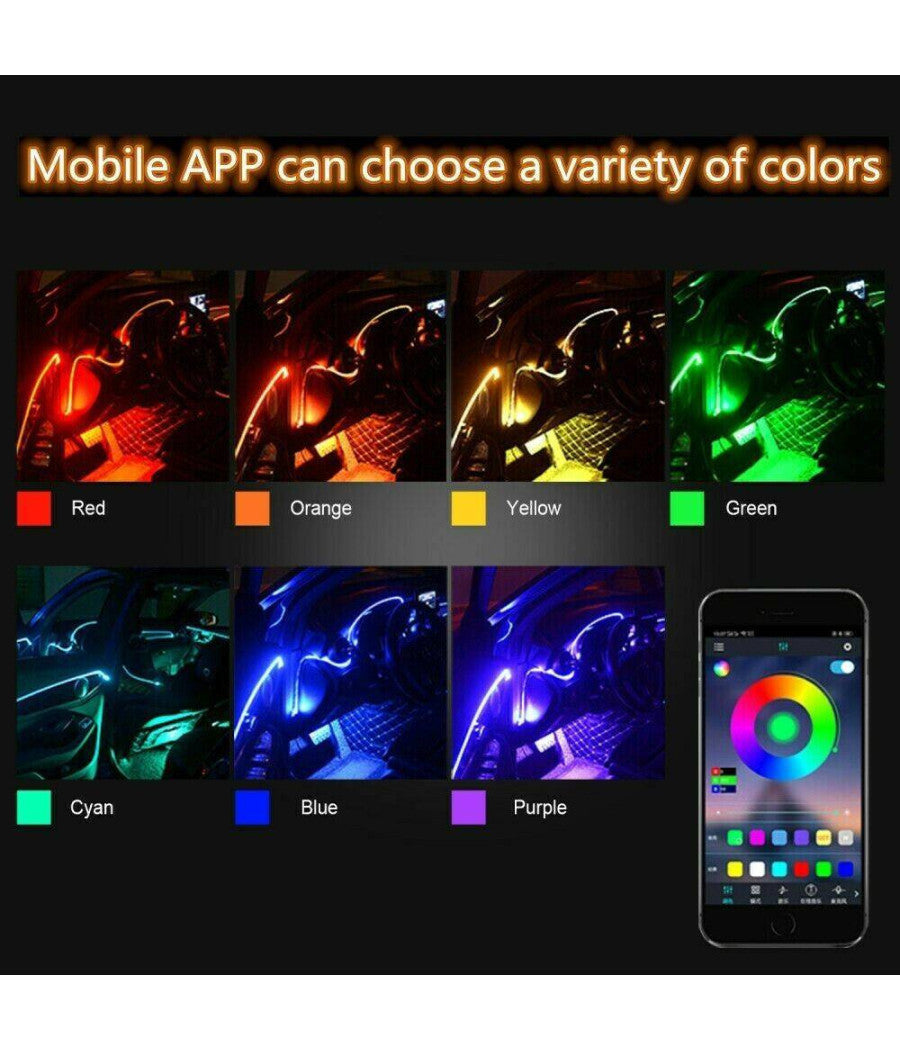 Striscia Led Fluorescente Luci Ambiente Illuminazione Auto Con App Smartphone         