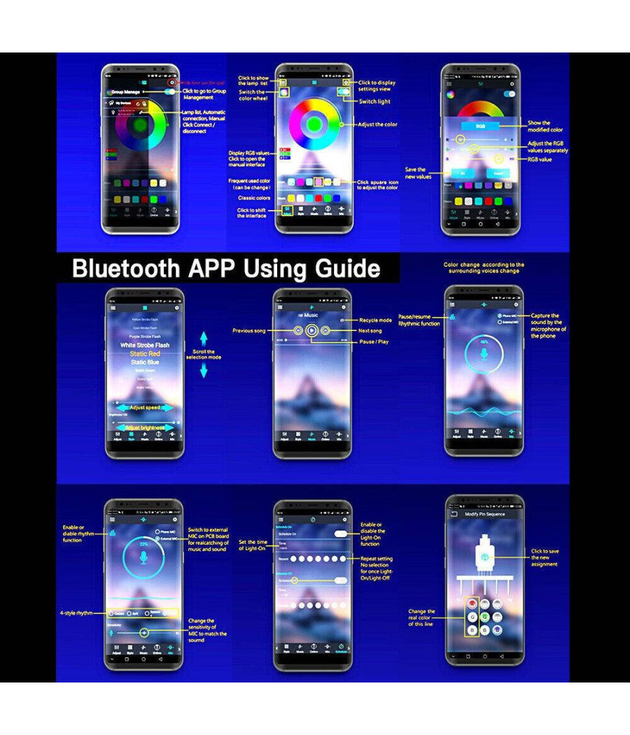 Striscia Led Fluorescente Luci Ambiente Illuminazione Auto Con App Smartphone         