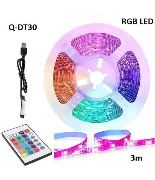 Striscia Led Rgb Usb 3 Metri Con Telecomando Q-dt30 5050 5v Ip67 Impermeabile         