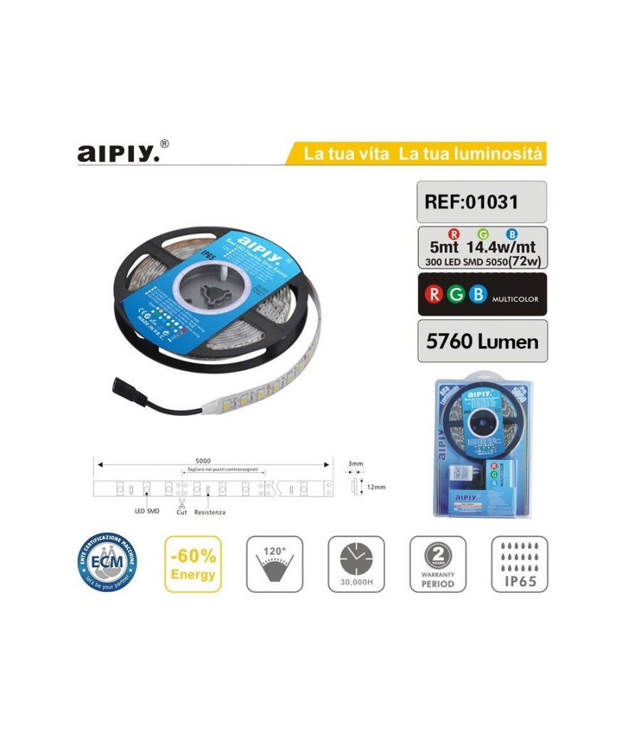Striscia Led Smd5050 5mt 300led Rgb Aipiy 14.4w/mt 5760lumen Ip65         