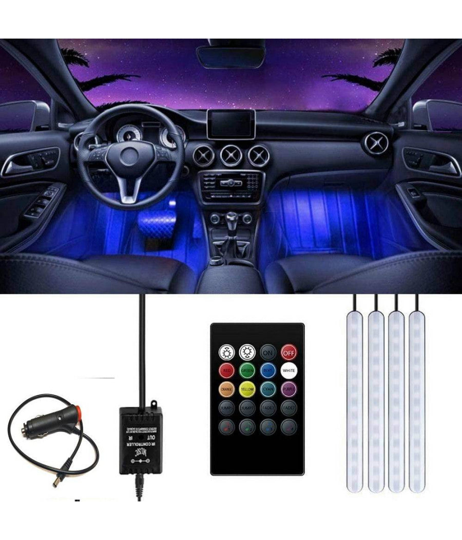 Striscia Per Auto 48 Led Rgb 4 Barre 8 Colori Modalità  Musica Con Telecomando         