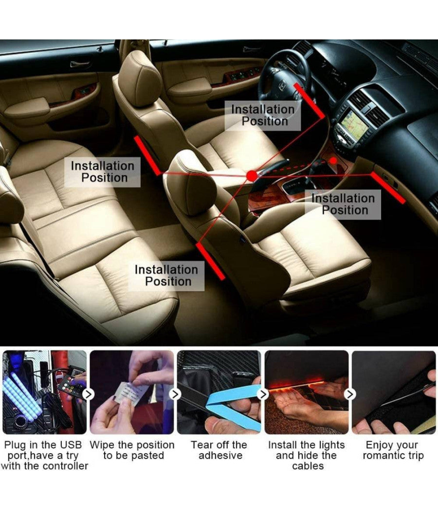 Striscia Per Auto 48 Led Rgb 4 Barre 8 Colori Modalità  Musica Con Telecomando         