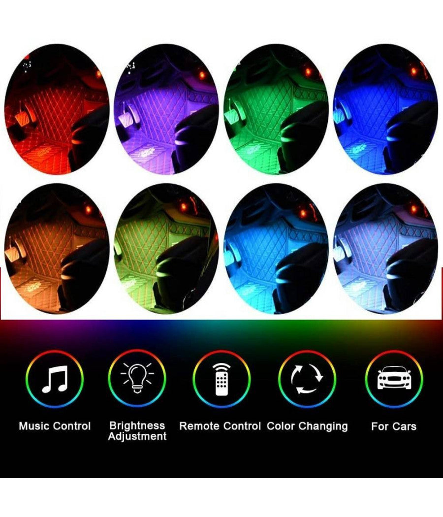Striscia Per Auto 48 Led Rgb 4 Barre 8 Colori Modalità  Musica Con Telecomando         