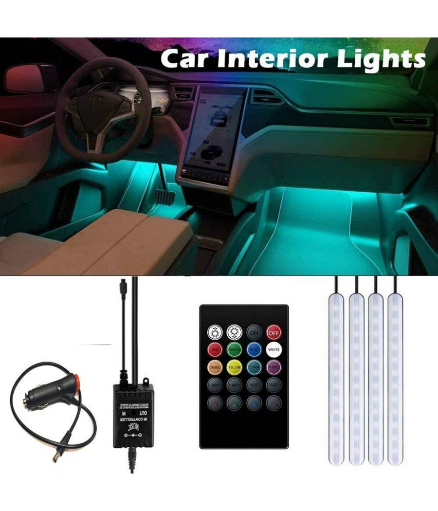 Striscia Per Auto 48 Led Rgb 4 Barre 8 Colori Modalità  Musica Con Telecomando         