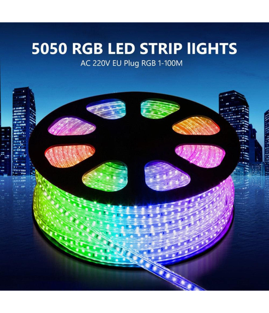 Striscia Strip Led Bobina Smd 5050 Rgb Con Spina 220v Tubo Per Esterno Da 100 Mt         