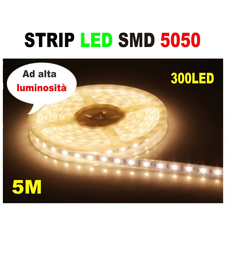 Striscia Strip Led Resistente All'acqua - 5 Metri - Smd5050 Bianco Caldo - 300 L      -1 Ampere  -