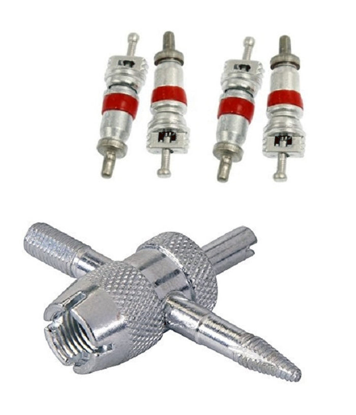 Strumento Riparazioni Valvola + 4 Steli Per Pneumatico Acciaio Auto Moto Aghi Nucleo         