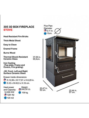 Stufa a legna a libera installazione - 305 3D-BOX