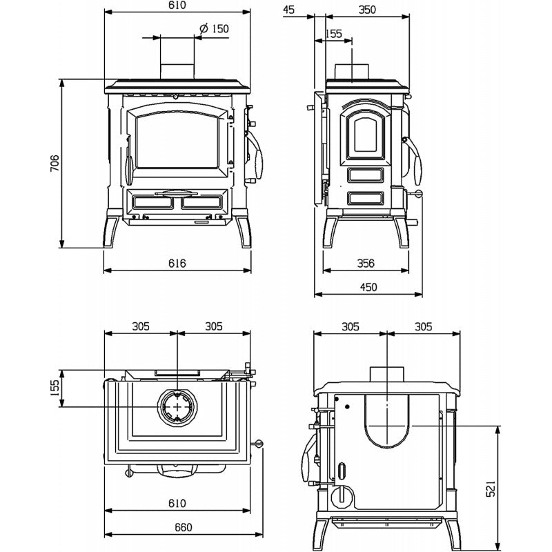 Stufa a Legna Nordica Ghisa Isetta 7.7 Kw Nera Mod. 7119002