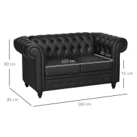 Divano 2 Posti in Stile Chesterfield in Pelle PU con Cuscino Rimovibile, 160x84x80 cm, Nero