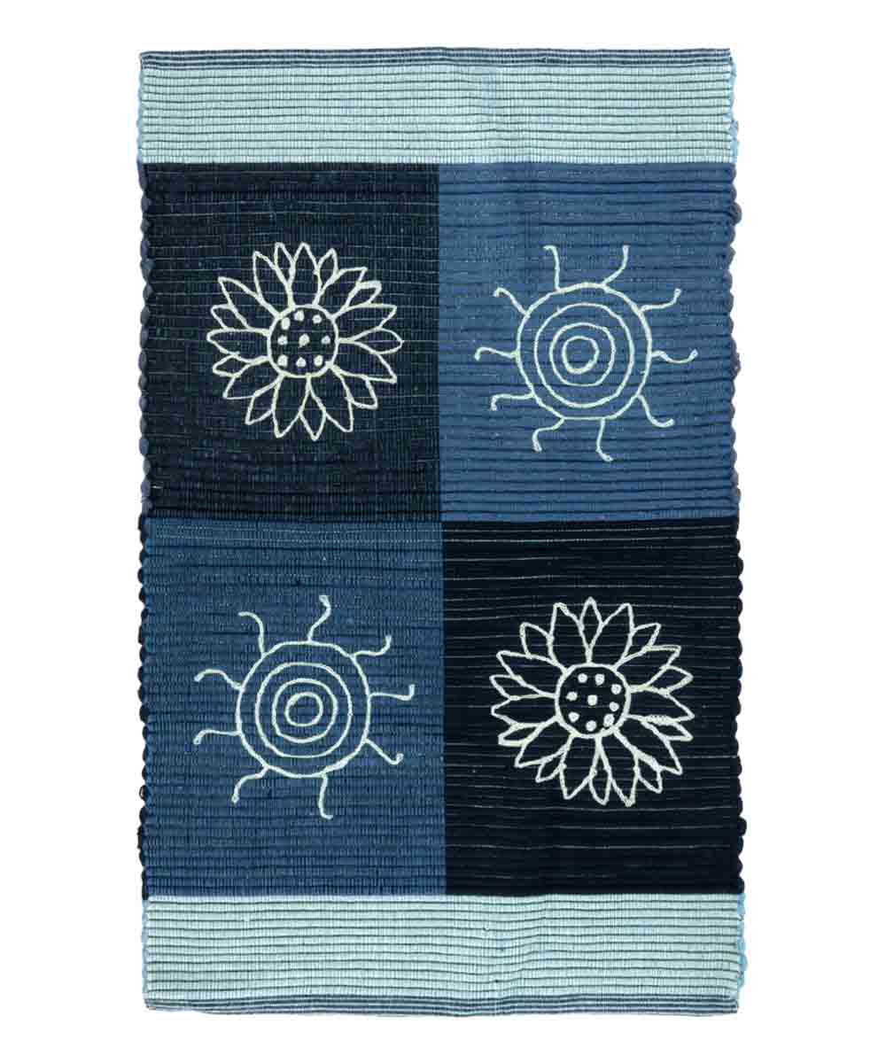 Tappeto SUMMER BLU disegno sole e fiori 100% cotone annodati a mano, passatoia stuoia cucina multiuso lavabile cm.55x280