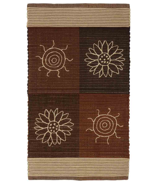 Tappeto SUMMER MARRONE disegno sole e fiori 100% cotone annodati a mano, passatoia stuoia cucina multiuso lavabile cm.55x280