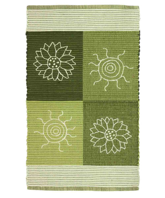 Tappeto SUMMER VERDE disegno sole e fiori 100% cotone annodati a mano, passatoia stuoia cucina multiuso lavabile cm.55x280