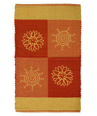 Tappeto SUMMER ARANCIONE disegno sole e fiori 100% cotone annodati a mano, tappetino stuoia bagno multiuso lavabile cm.50x80
