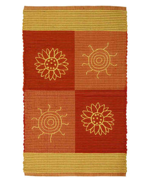 Tappeto SUMMER ARANCIONE disegno sole e fiori 100% cotone annodati a mano, tappetino stuoia bagno multiuso lavabile cm.50x80