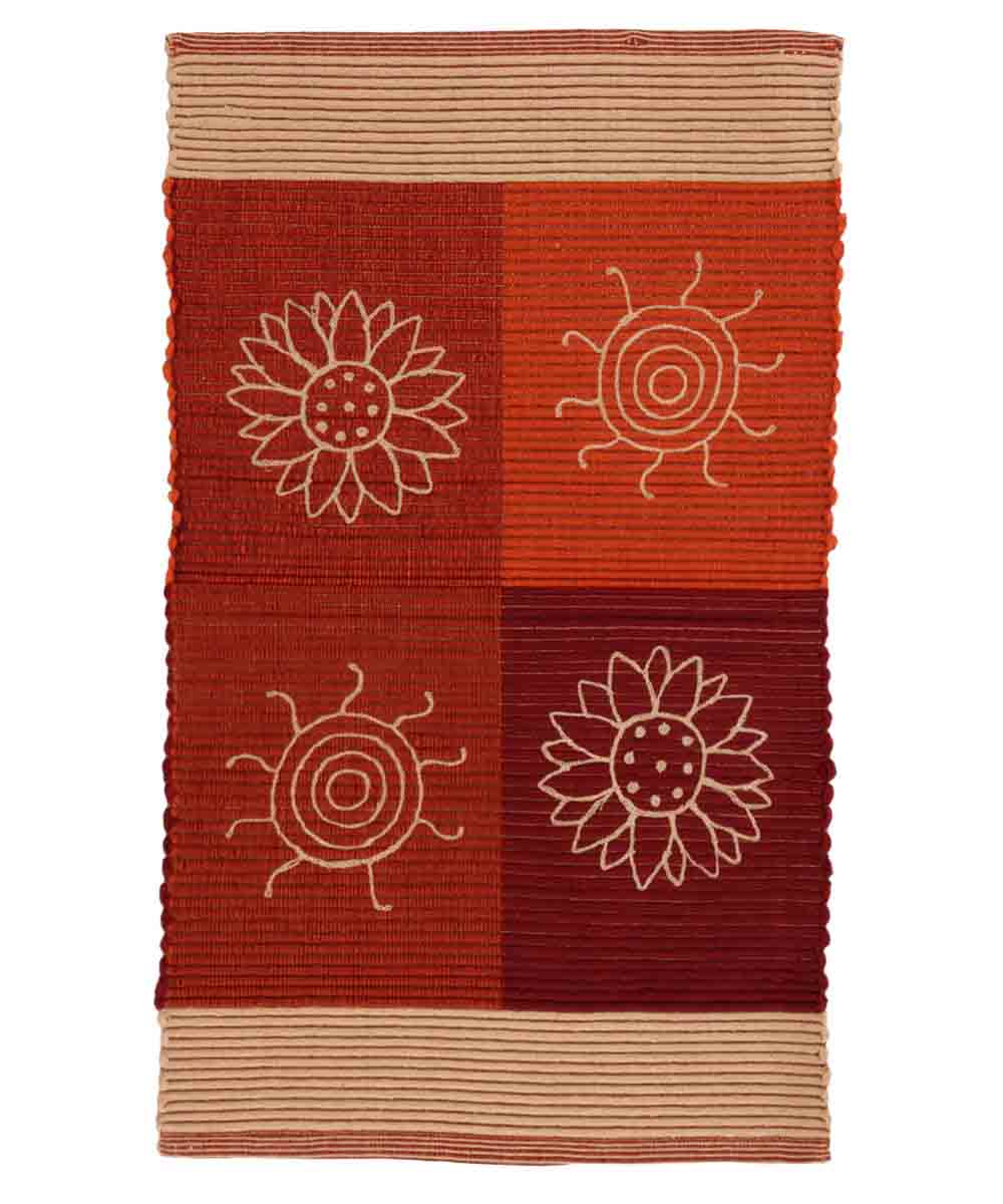 Tappeto SUMMER ROSSO disegno sole e fiori 100% cotone annodati a mano, passatoia stuoia cucina multiuso lavabile cm.55x180
