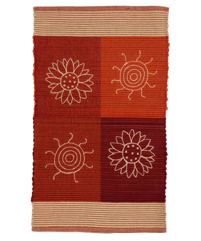 Tappeto SUMMER ROSSO disegno sole e fiori 100% cotone annodati a mano, passatoia stuoia cucina multiuso lavabile cm.55x180
