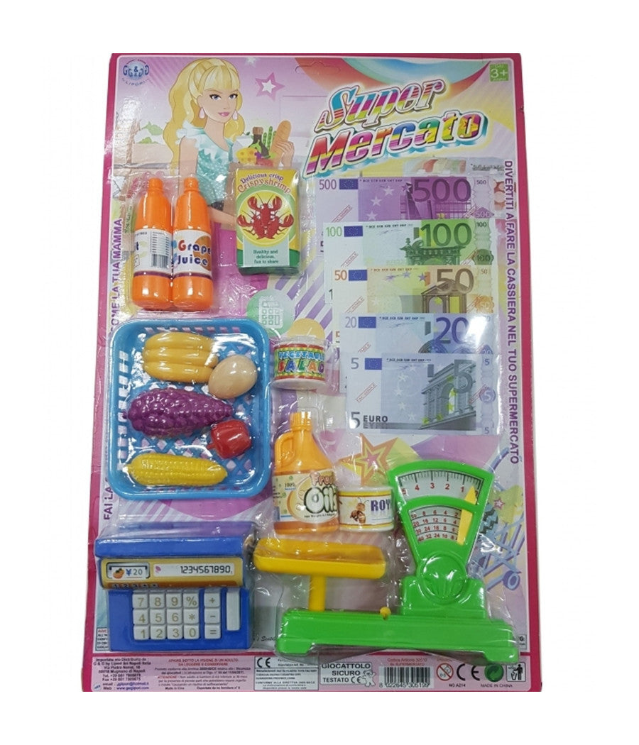 Super Market Cassa Bilancia Soldi Spesa Carrellino Frutta Latte Gioco Bambini         