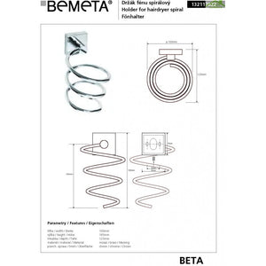 Porta asciugacapelli a spirale da parete BETA in ottone cromato 10cmx18,5cmx12,5cm