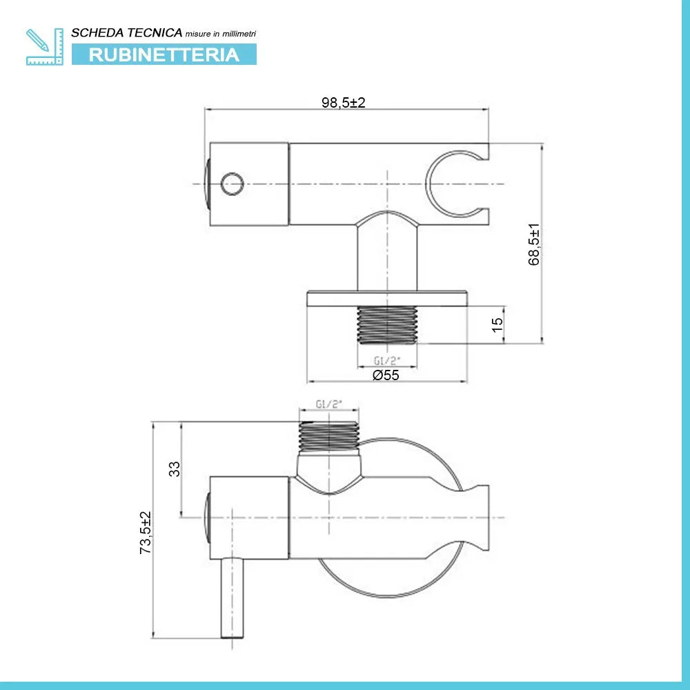 Supporto doccia nero opaco design tondo con rubinetto da arresto
