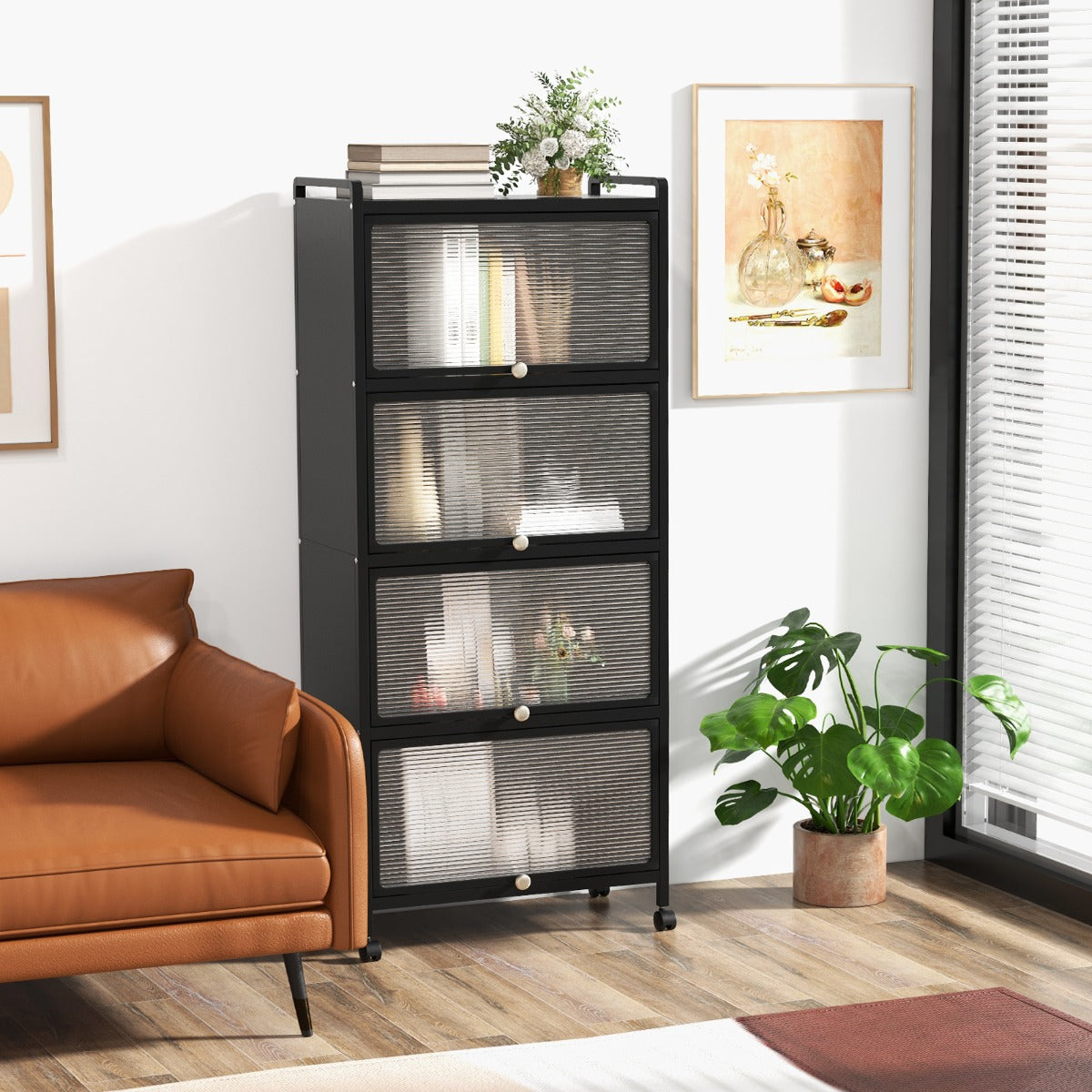 Supporto mobile con porte PC a scomparsa, Armadio da cucina autoportante con 4 ruote girevoli 60x32x154cm Nero-Credenze buffet