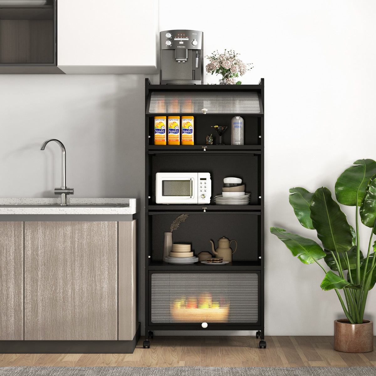 Supporto mobile con porte PC a scomparsa, Armadio da cucina autoportante con 4 ruote girevoli 60x32x154cm Nero-Credenze buffet