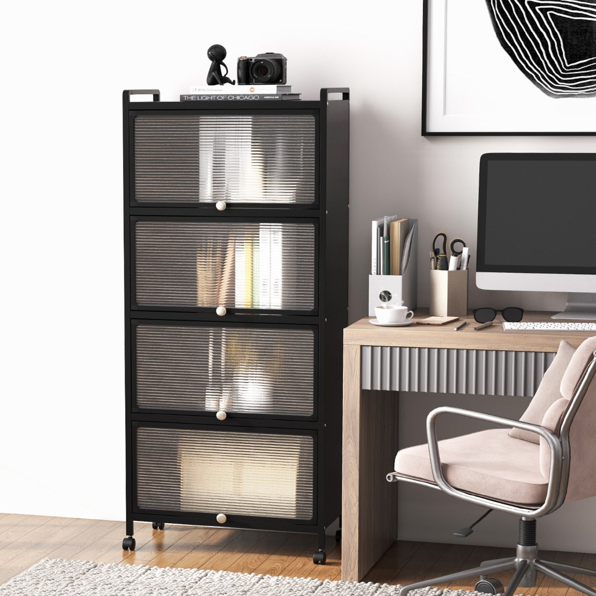 Supporto mobile con porte PC a scomparsa, Armadio da cucina autoportante con 4 ruote girevoli 60x32x154cm Nero-Credenze buffet