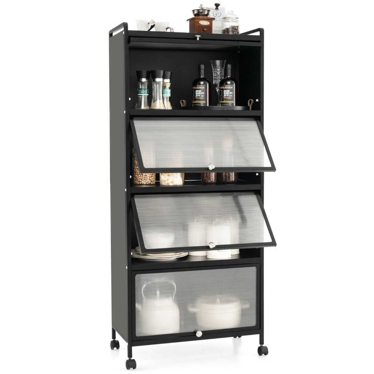 Supporto mobile con porte PC a scomparsa, Armadio da cucina autoportante con 4 ruote girevoli 60x32x154cm Nero-Credenze buffet