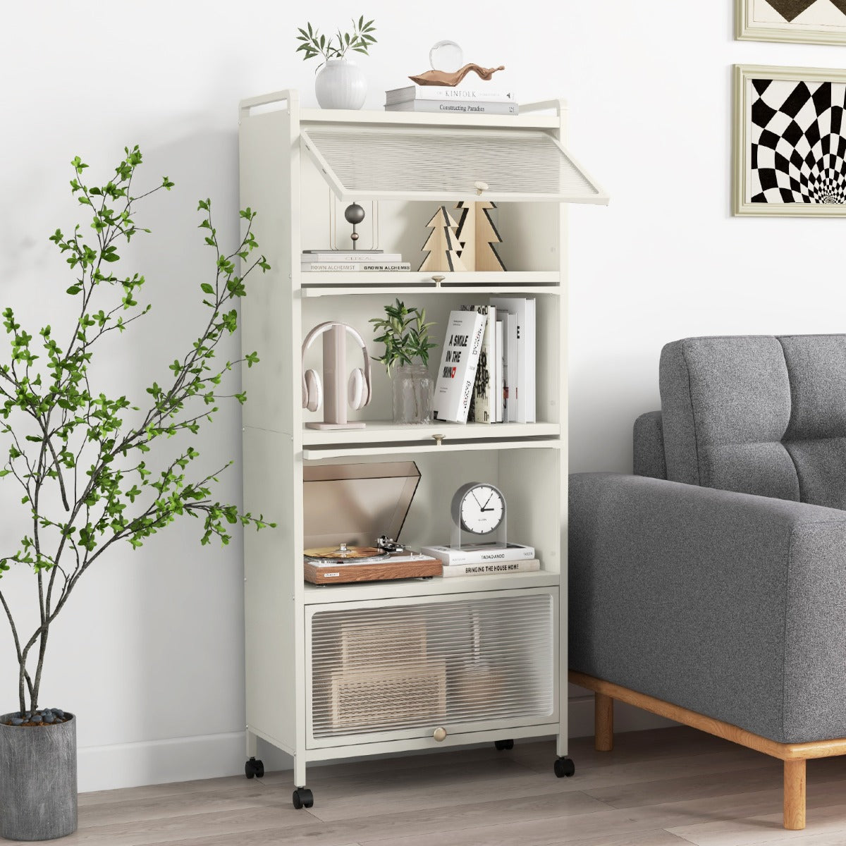 Supporto mobile con porte PC a scomparsa, Armadio da cucina autoportante con 4 ruote girevoli 60x32x154cm Bianco-Credenze buffet