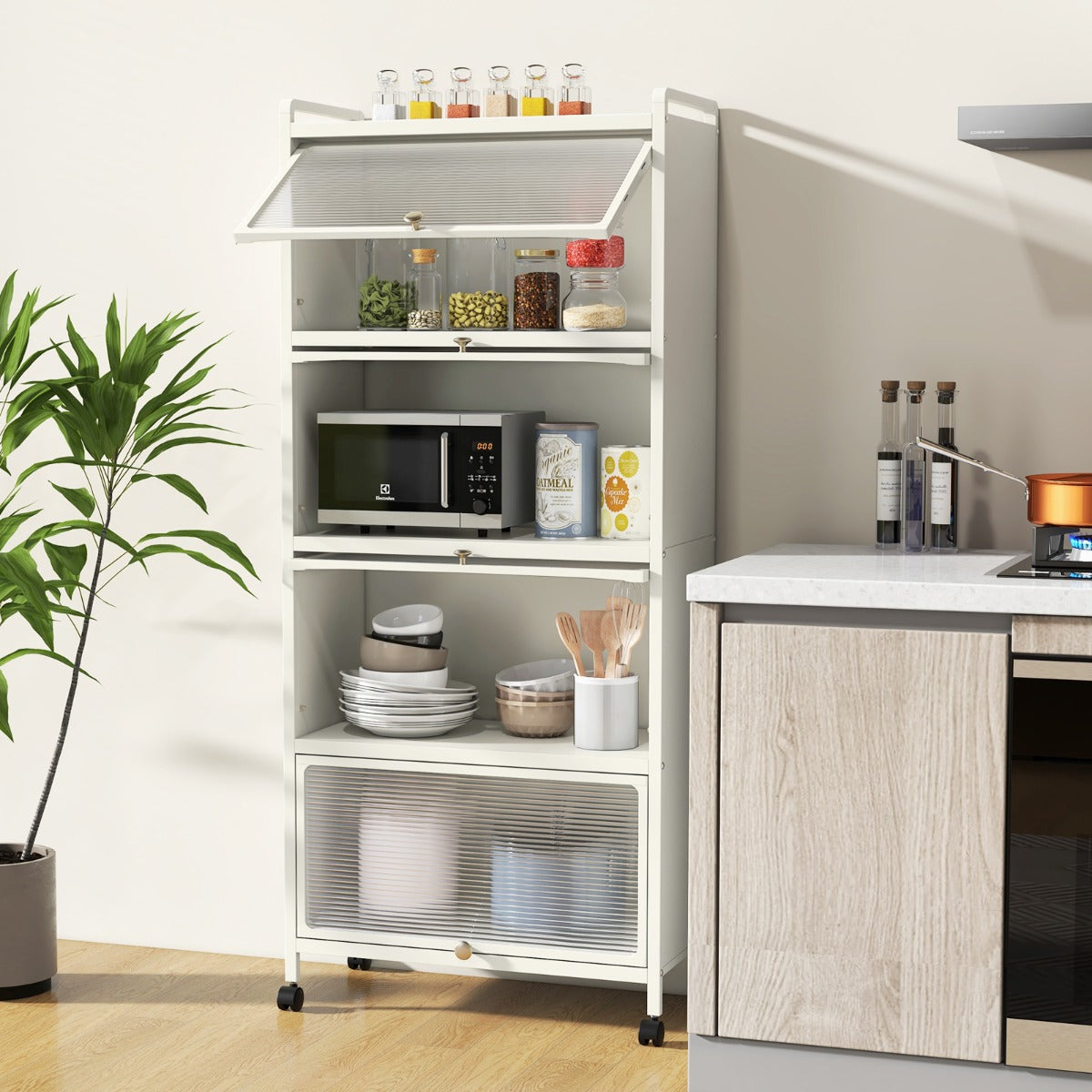 Supporto mobile con porte PC a scomparsa, Armadio da cucina autoportante con 4 ruote girevoli 60x32x154cm Bianco-Credenze buffet