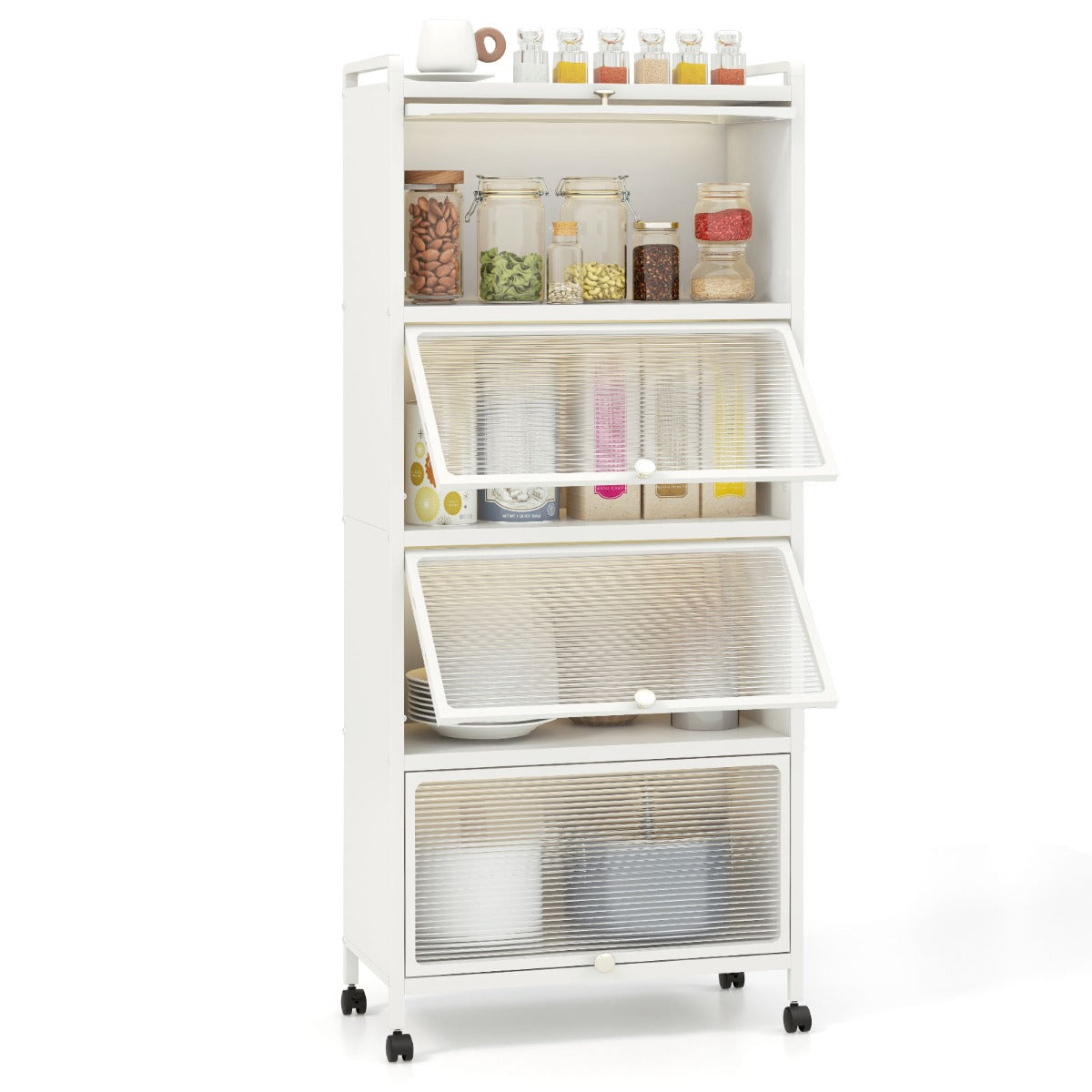 Supporto mobile con porte PC a scomparsa, Armadio da cucina autoportante con 4 ruote girevoli 60x32x154cm Bianco-Credenze buffet