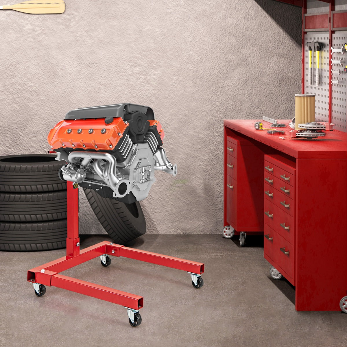 Cavalletto per motore 680kg con testa rotante a 360¡ã4 bracci regolabili, Supporto motore pesante Rosso-Accessori per veicoli