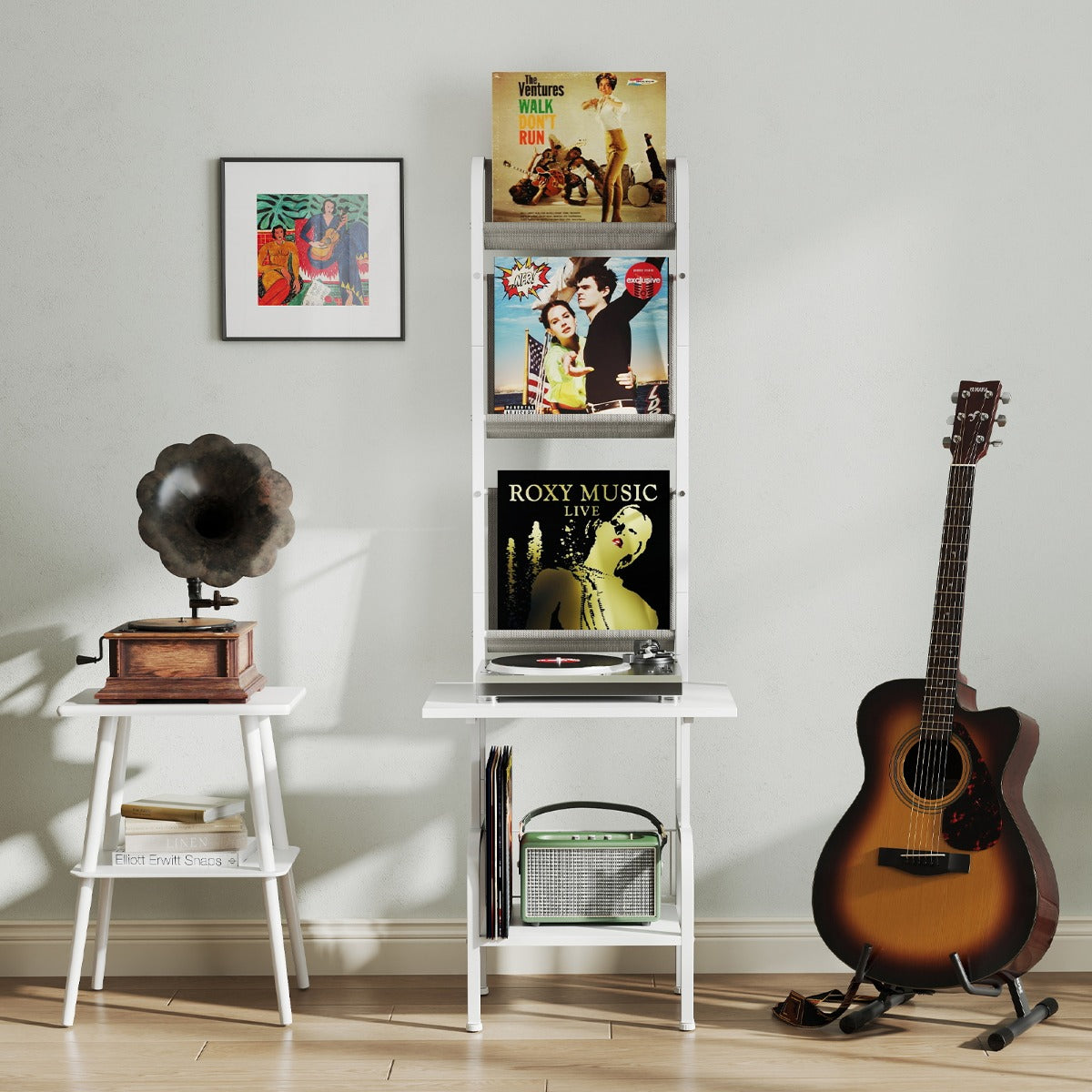 Supporto per giradischi a 5 livelli con scaffale e tavolo per giradischi-Supporto per giradischi con porta vinili Grigio e Bianco