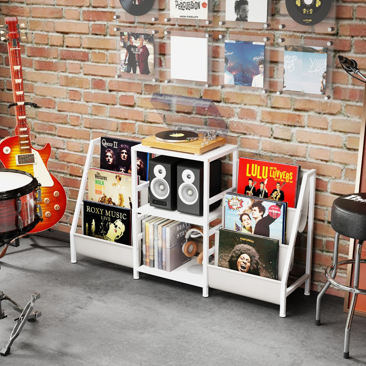 Tavolino per giradischi di archiviazione e struttura in metallo, Supporto per giradischi per vinili Bianco-Scaffali e librerie