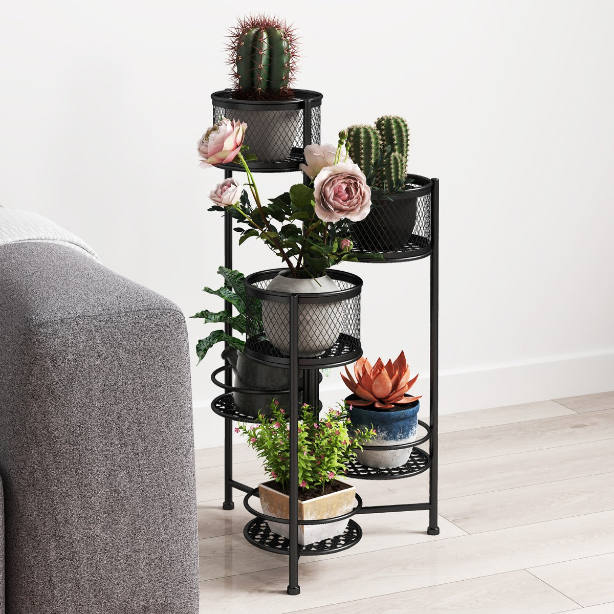 Supporto per piante in metallo pieghevole a 6 livelli, Supporto per vasi da fiori per interni ed esterni Nero-Scaffali per piante