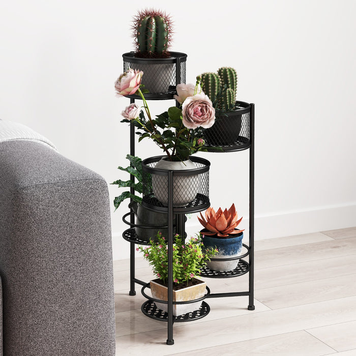 Supporto per piante in metallo pieghevole a 6 livelli, Supporto per vasi da fiori per interni ed esterni Nero-Scaffali per piante