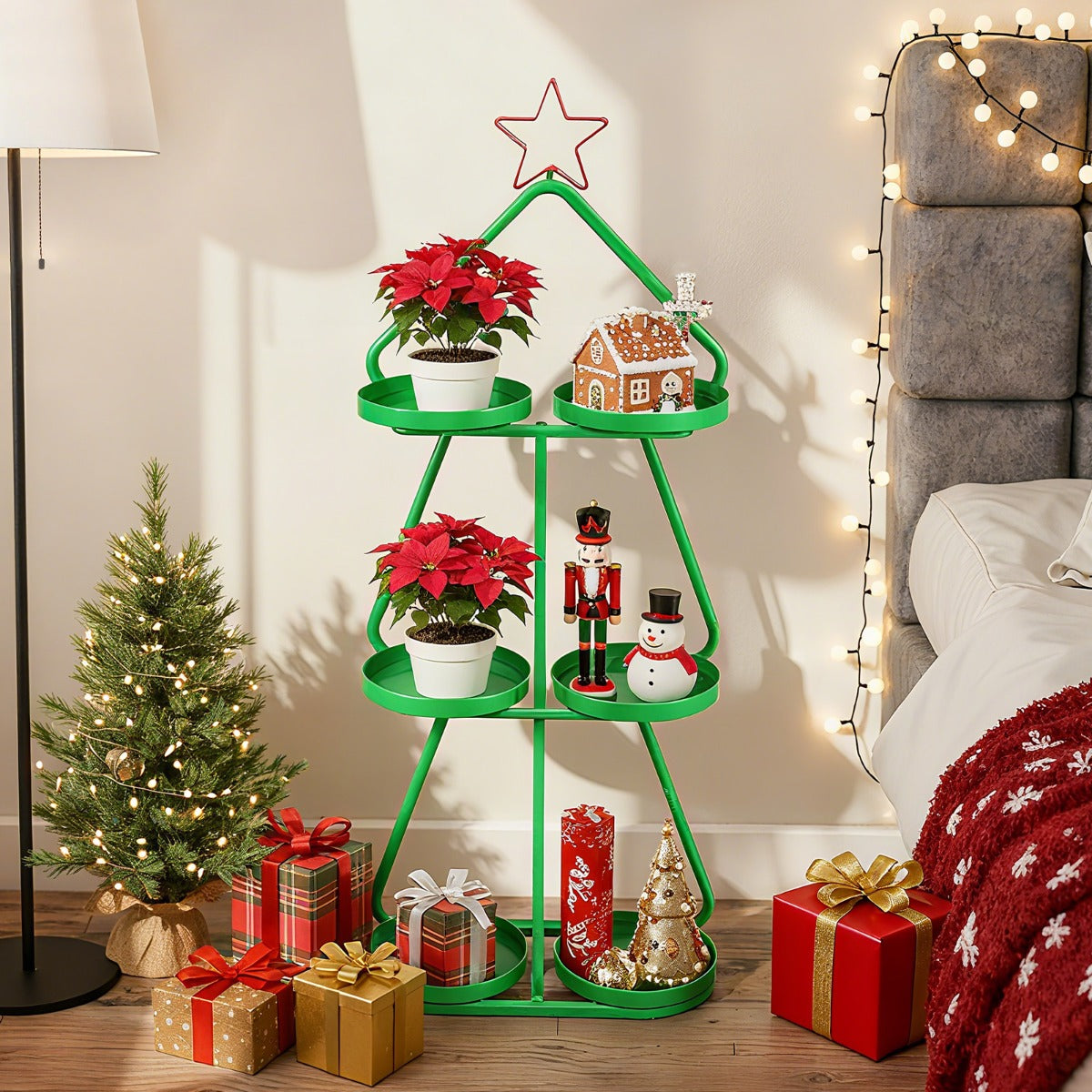 Supporto per piante di natale a forma di alberocon stella rossa e vassoi per stoccaggio, Supporto per decorazioni festive-Decorazioni natalizie