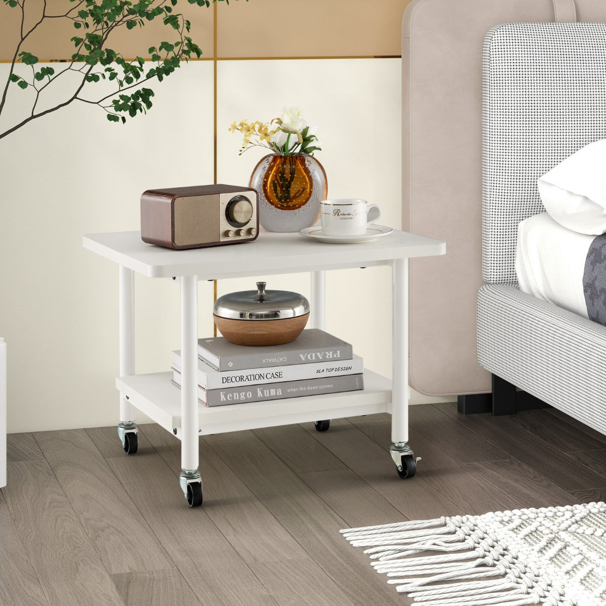 Tavolino in legno multifunzione con ruote girevoli-Mobiletto carrello con 2 ripiani 49x40x37cm Bianco