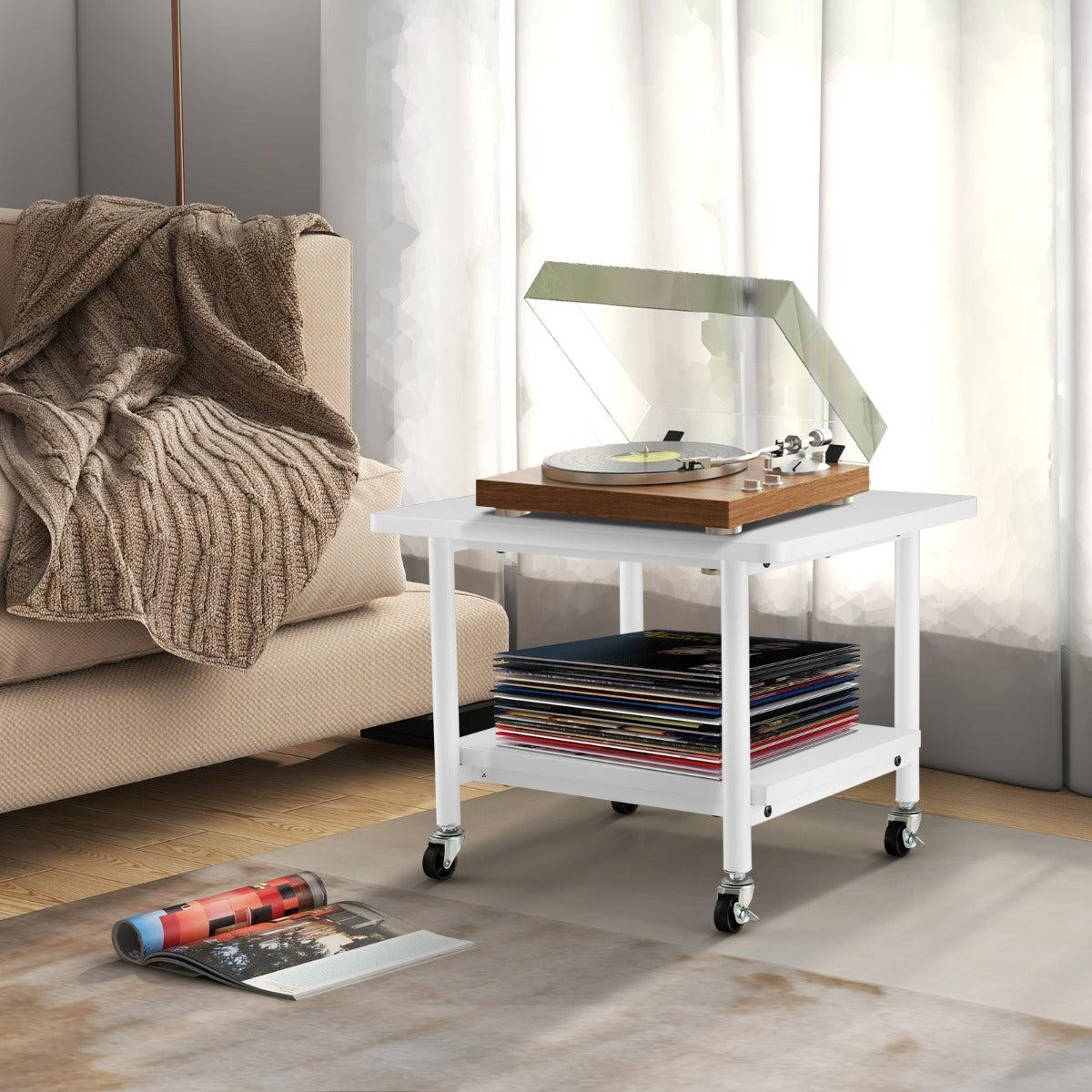 Tavolino in legno multifunzione con ruote girevoli-Mobiletto carrello con 2 ripiani 49x40x37cm Bianco