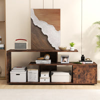 Supporto per TV con ripiani di stoccaggio e armadietto-Console media a 3 ripiani asimmetrici per soggiorno Marrone