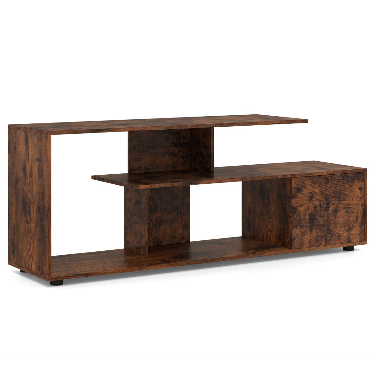 Supporto per TV con ripiani di stoccaggio e armadietto-Console media a 3 ripiani asimmetrici per soggiorno Marrone