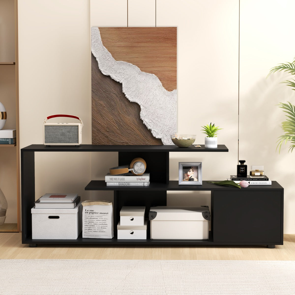 Supporto per TV con ripiani di stoccaggio e armadietto-Console media a 3 ripiani asimmetrici per soggiorno Nero