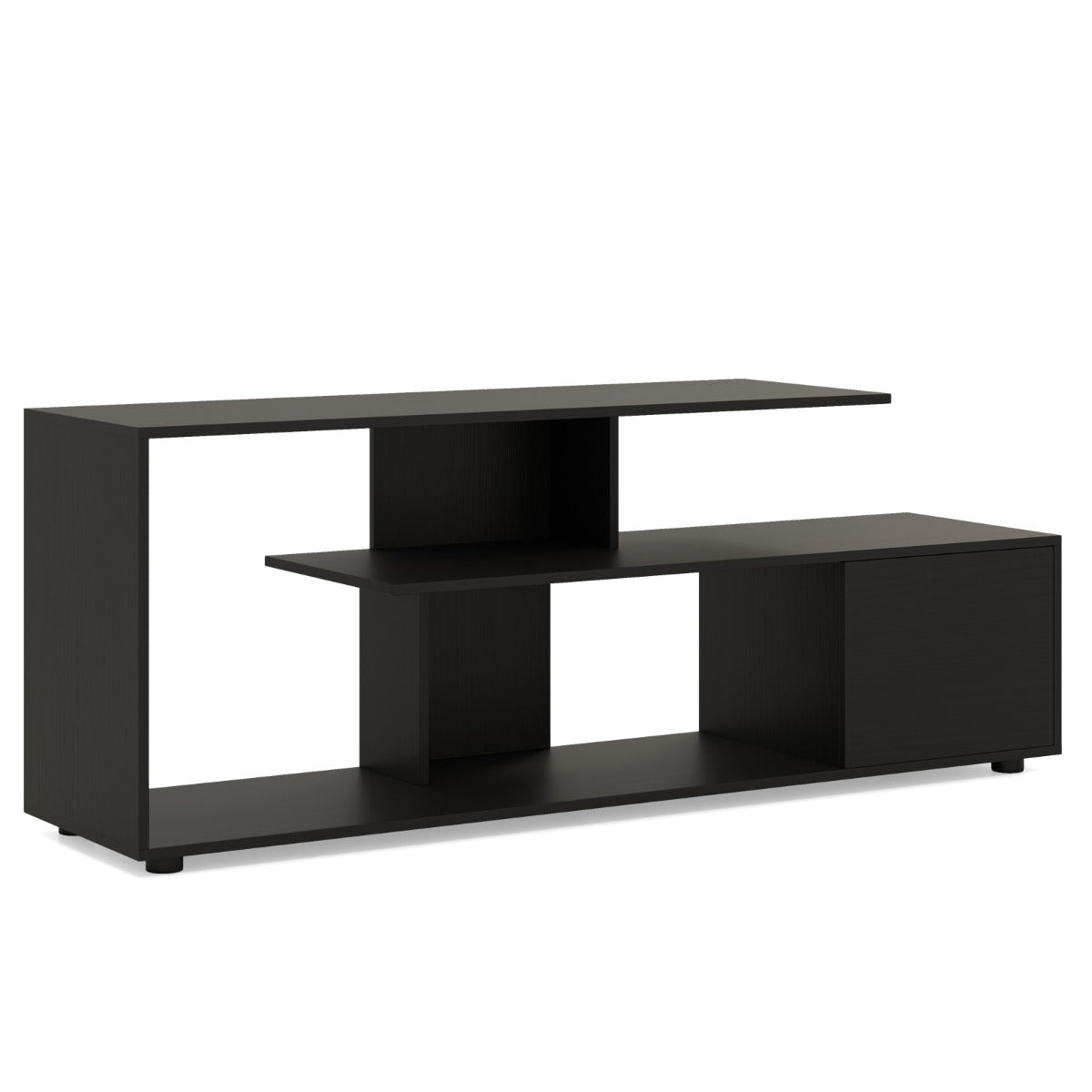 Supporto per TV con ripiani di stoccaggio e armadietto-Console media a 3 ripiani asimmetrici per soggiorno Nero