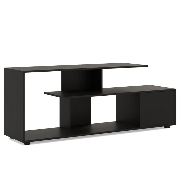 Supporto per TV con ripiani di stoccaggio e armadietto-Console media a 3 ripiani asimmetrici per soggiorno Nero