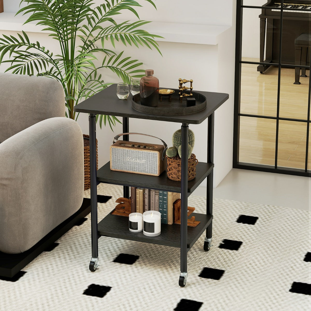 Carrello stampante a con ripiani di stoccaggio e ruote con blocco-Scaffale di stoccaggio mobile per scanner e fax Nero