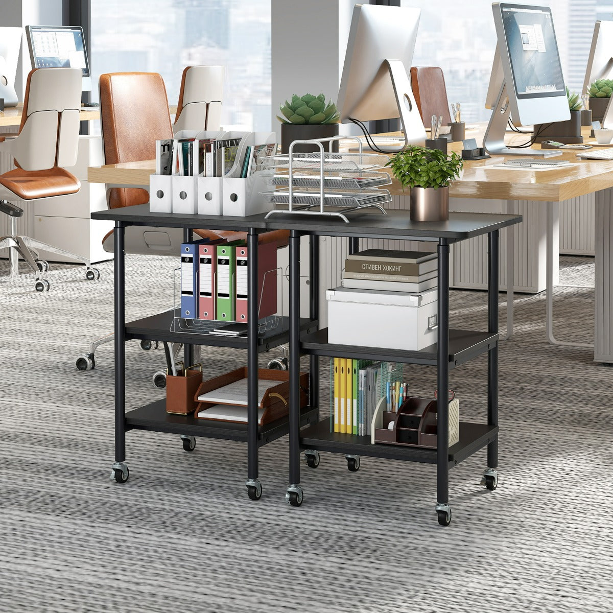 Carrello stampante a con ripiani di stoccaggio e ruote con blocco-Scaffale di stoccaggio mobile per scanner e fax Nero