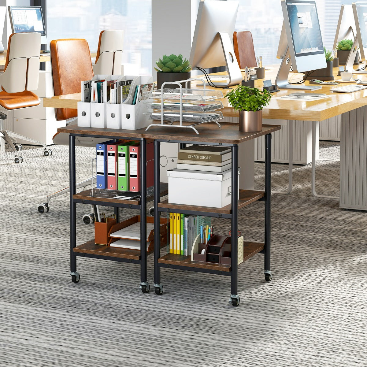 Carrello stampante a con ripiani di stoccaggio e ruote con blocco-Scaffale di stoccaggio mobile per scanner e fax Marrone